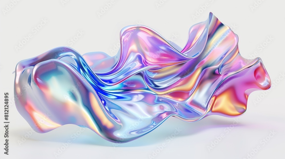 Wall mural fluid shape with holographic a liquid abstract colorful wavy glossy surfaces on a white background.