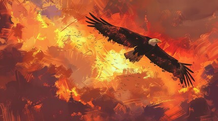 majestic eagle soars through fiery sunset sky digital painting