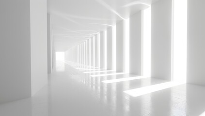 A minimalist, white corridor with repeating columns and bright natural light. Created with Generative AI