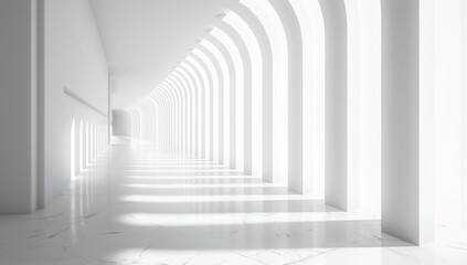 A bright, minimalist corridor with repeating arches casting soft shadows, highlighting a modern, clean design. Created with Generative AI