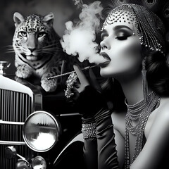 Art Deco glamorous fashion photo shoot with beautiful models. For the cover of luxury design...