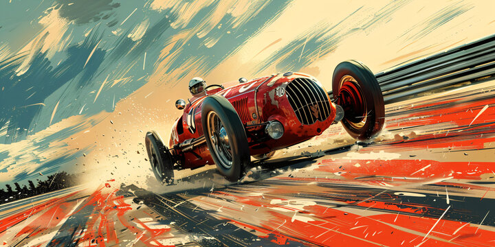 Naklejki Vintage racing poster featuring classic race cars in dynamic action. Retro motorsport and racing heritage concept for design and poster