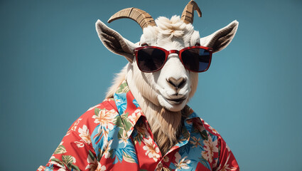 Fototapeta premium a goat wearing sunglasses and hawaii t-shirt