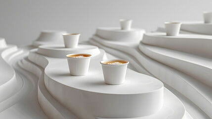 Elegant display of coffee cups set on a series of smooth, sculptural white waves, creating an abstract and modern art installation