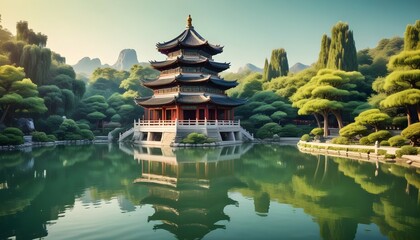 Ancient pagoda reflects in tranquil and pond 
