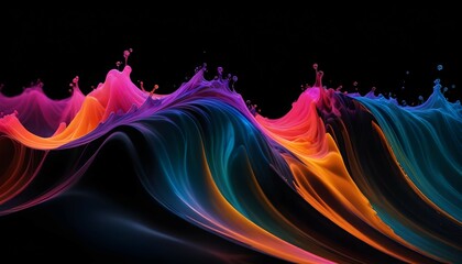 Striking, prismatic neon wave formation shining intensely against an onyx black expanse