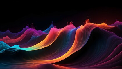 Striking, prismatic neon wave formation shining intensely against an onyx black expanse