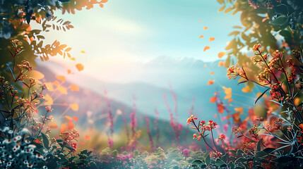 Nature background floral plants framed with mountains in center