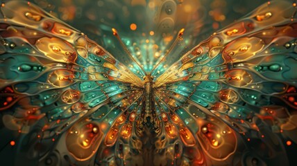The image is a beautiful butterfly with teal, green and orange wings. The butterfly is surrounded by a soft light. The image is very calming and peaceful.
