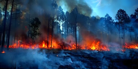 Forest fires create walls of smoke causing air pollution and environmental damage. Concept Wildfires and Air Quality, Environmental Impact, Forest Conservation, Smoke Hazards, Climate Change