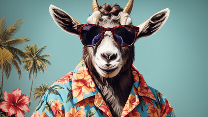 Naklejka premium a goat wearing sunglasses and hawaii t-shirt
