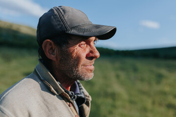 Countryside Charm Portrait of Old Shepherd Farmer Amidst Meadow