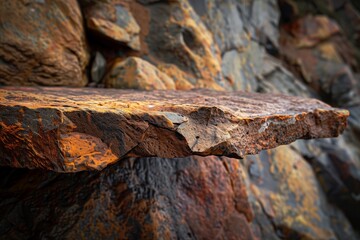 Fototapeta premium A Rock Shelf for a Product Display, Showing an Artistic Toxic Colour Surface to the Horizontal Lumpy Stone Ledge with a Blurred Boulder Background.