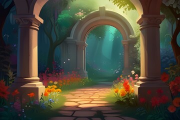beautiful secret fairytale garden with flower arches and colorful greenery. Digital Painting...