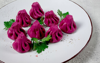 beetroot khinkali, mini khinkali, purple, Georgian cuisine, no people,