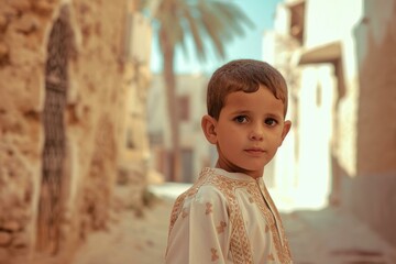 Thoughtful young boy dressed in cultural clothing stands in an old, sunlit street