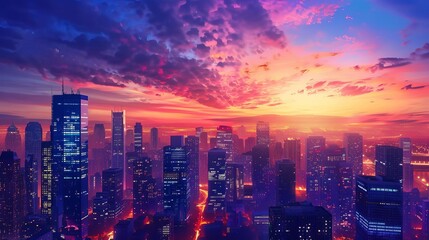 Obraz premium vibrant city skyline at sunset with illuminated commercial buildings digital illustration