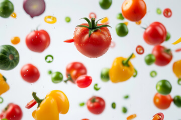 Assorted vegetables soaring in mid-air against a pristine white backdrop, capturing motion and freshness