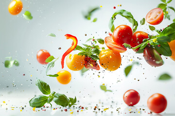 Assorted vegetables soaring in mid-air against a pristine white backdrop, capturing motion and freshness