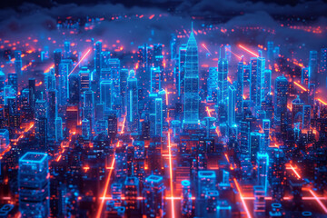 A neon blueprint of a smart city, illustrating urban planning and tech integration,