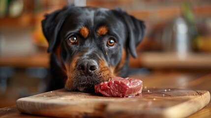 A rottweiler standing over a piece of raw venison, with all other elements out of focus, showcasing the dog's intense interest in the food