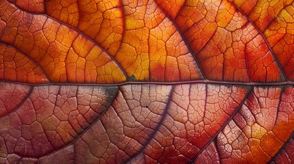 The image is a close-up of a leaf withering and changing color. The veins of the leaf are prominent and the colors are vibrant. The leaf is a symbol of life, growth, and change.