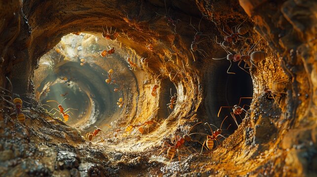 The image is a dark and mysterious cave. The walls have ants working.