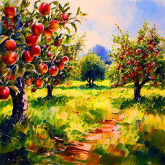 Colourful watercolour oil painting of garden of Apple Fruit