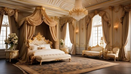A luxurious room fit for royalty, with ornate gold accents, a grand fireplace, and a canopy bed draped in silk curtains.