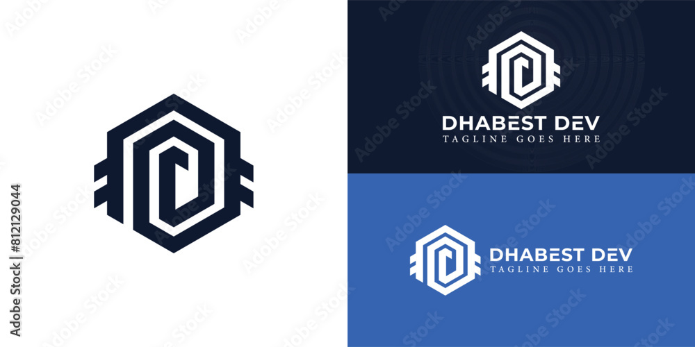 Poster abstract initial hexagon letter d or dd logo in deep blue color isolated on multiple background colo