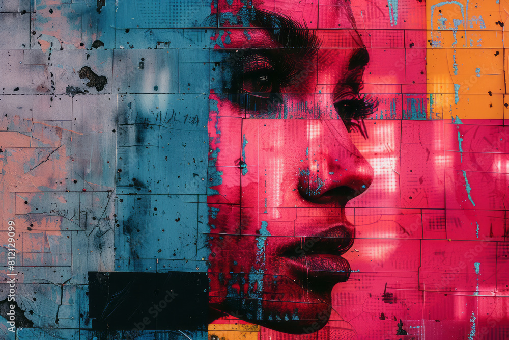 Poster poster design with large, bold fonts against a backdrop of intense, contrasting colors and textures,