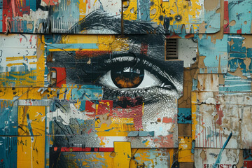 Urban street art with a maximalist approach, featuring a collage of various cultural symbols and bright hues,