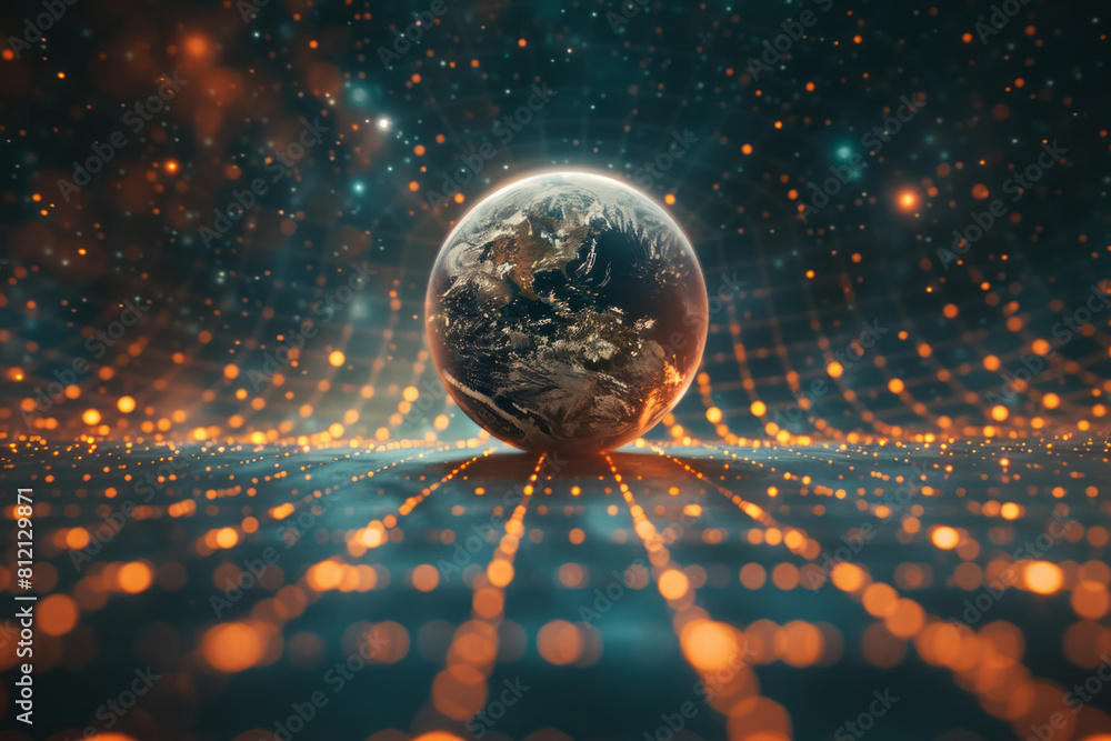 Poster Artistic depiction of the geometric interpretation of gravity, with a grid showing curved spacetime around Earth,