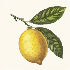 Lemon fruit on a branch with leaves. Hand drawn vintage illustration.