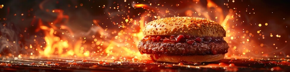 Panorama photo of a beef burger sandwich