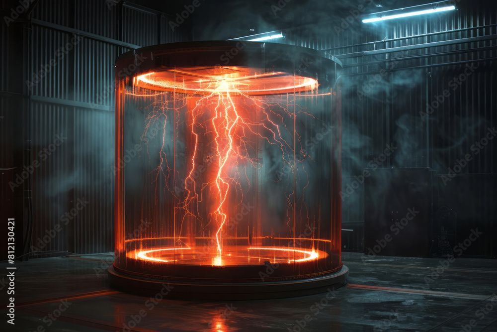 Poster Visualization of a Faraday cage blocking external electric fields, shown with lightning striking outside,