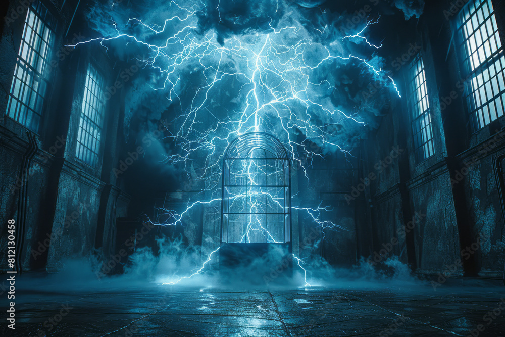 Aufkleber visualization of a faraday cage blocking external electric fields, shown with lightning striking out