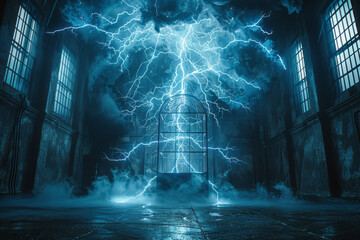 Visualization of a Faraday cage blocking external electric fields, shown with lightning striking outside,
