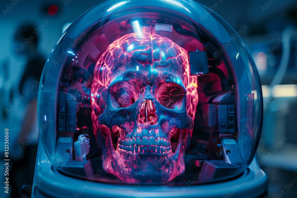 Poster Surreal depiction of a positron emission tomography (PET) scan in use, showing functional imaging of the brain,