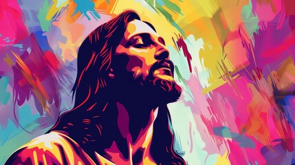 powerful vector illustration of jesus christ on colorful abstract background with copy space religious art digital painting