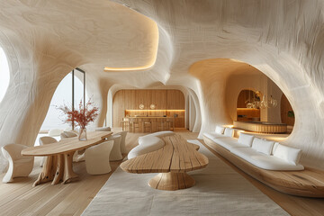 Futuristic Organic Architecture: Seamless Curves and Natural Wood Accents in Modern Space

