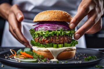 chef crafts a vegan burger with unconventional ingredients, showcasing unique culinary art.
