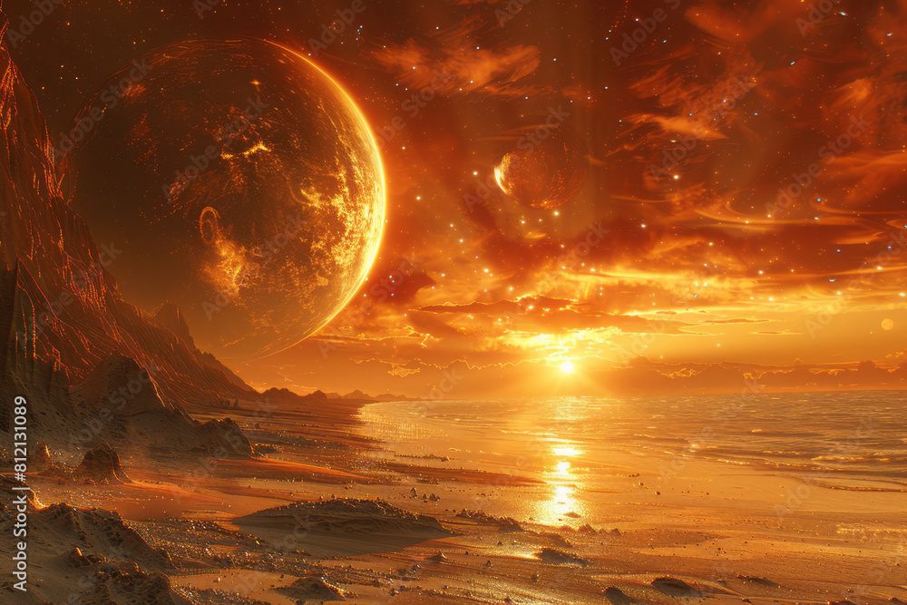 Poster concept art of an alien solar system with unusual planetary alignments and exotic celestial bodies,