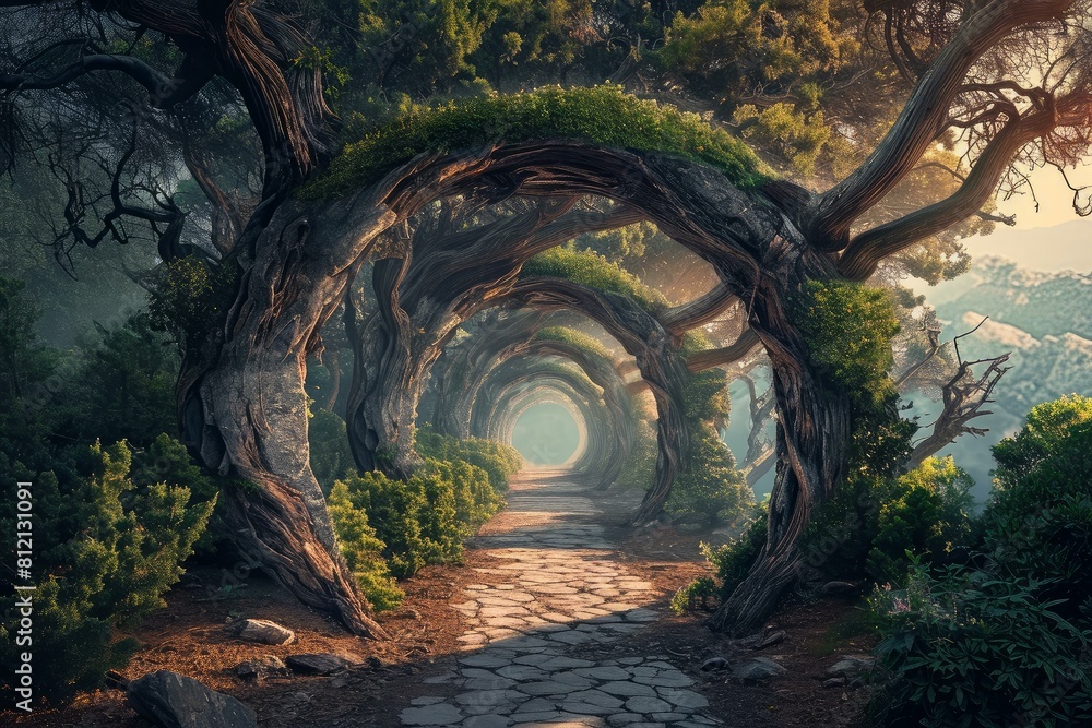 Poster serene pathway under twisted trees in a magical forest as the evening light filters through