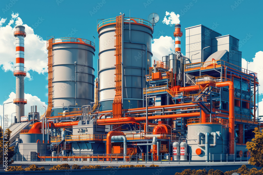 Poster illustration of a modern combined cycle power plant, highlighting efficient energy conversion proces