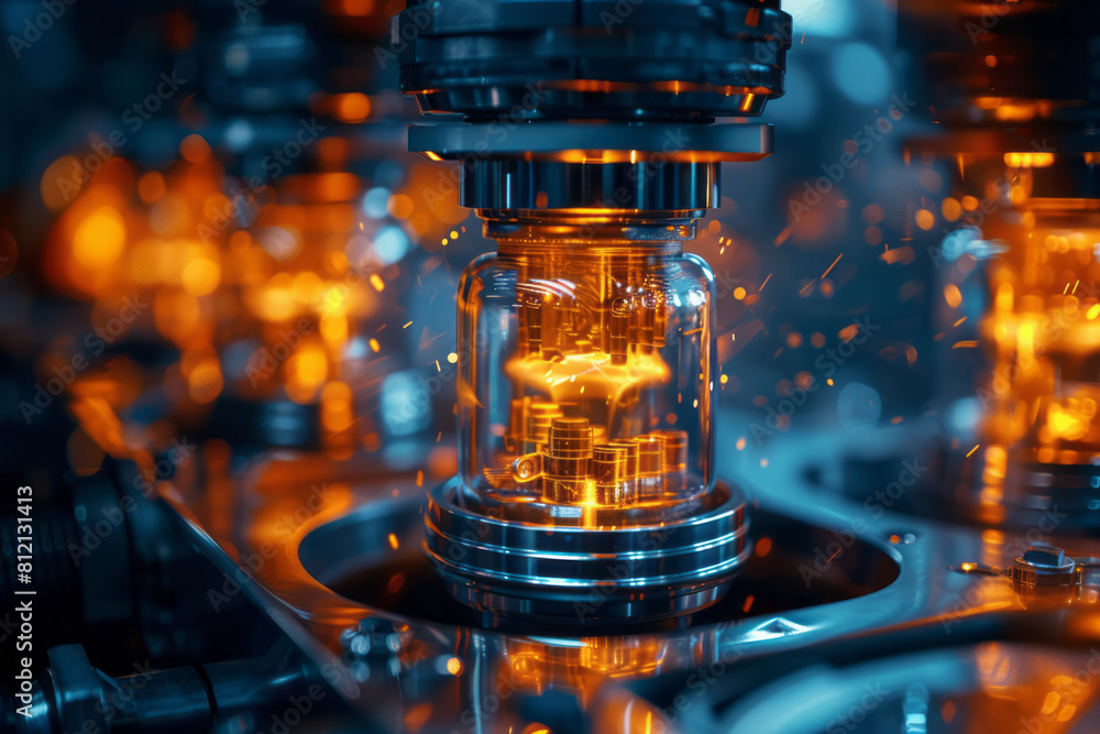 Poster illustration of an internal combustion engine, focusing on the combustion process and energy output,