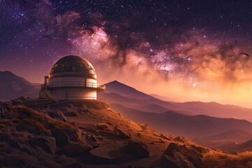A serene observatory overlooks a twilight landscape under a dazzling, star-filled sky, perfect for astronomical observations.