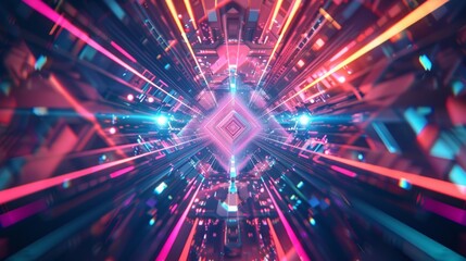 The image is a glowing tunnel of blue and pink neon lights.