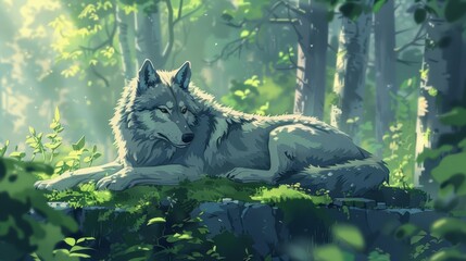 relaxed wolf rests peacefully in tranquil forest setting concept illustration