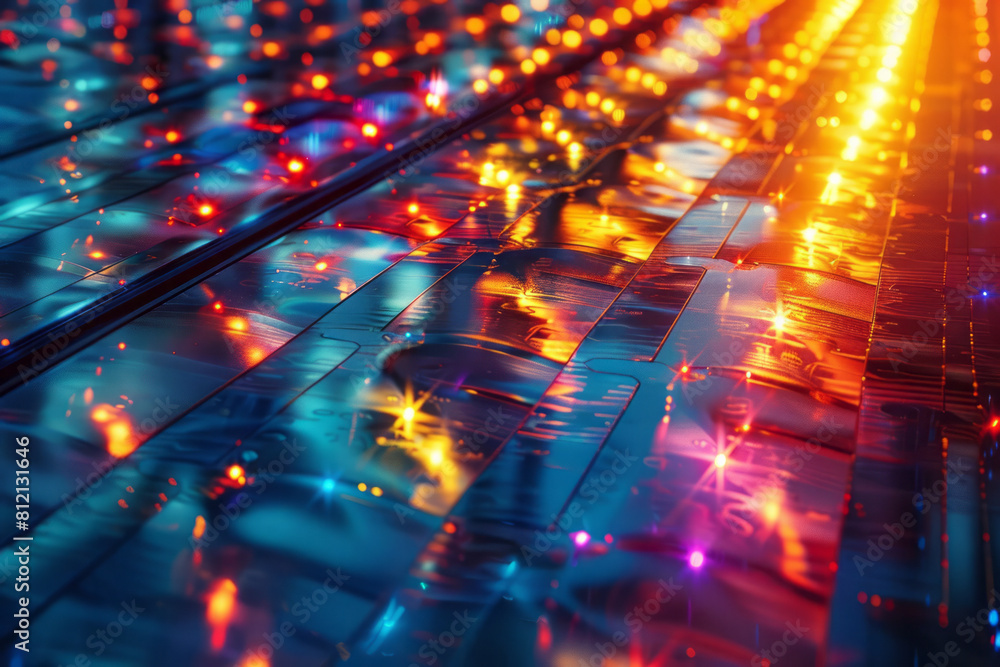 Poster abstract art showing the photovoltaic effect within a solar cell, converting light to electricity,